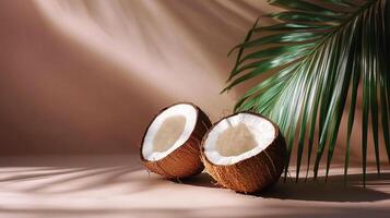 Two coconuts are on a table with a leaf in the background. The coconuts are open and the leaf is green photo