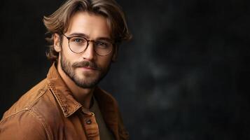 Man with glasses and a beard is wearing a brown jacket. He is smiling and looking at the camera photo