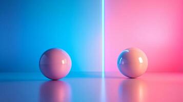 Two round balls are placed on a blue and pink background. The balls are positioned in such a way that they appear to be in a competition or a game. The colors of the background photo