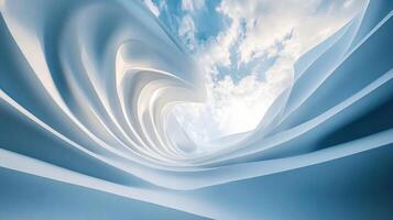 Blue and white image of a wave with a cloudy sky in the background. The image has a dreamy and ethereal quality to it, with the wave appearing to be made of paper or some other thin material photo