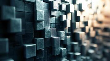 Close up of a wall made of gray blocks. The blocks are arranged in a way that creates a sense of depth and texture. The image evokes a feeling of modernity and sophistication photo