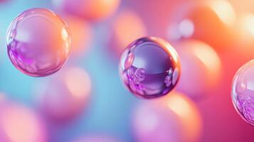 Close up of three purple spheres with a blue background. The spheres are floating in the air and appear to be reflecting light. The image has a dreamy, ethereal quality to it photo