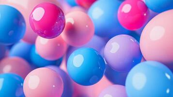 Bunch of colorful balls, some blue and some pink, are floating in the air. The image has a playful and whimsical mood, as if the balls are dancing or floating around in a fun and lighthearted way photo