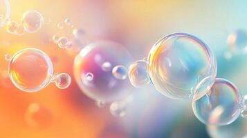 Colorful image of bubbles floating in the air. The bubbles are of different sizes and colors, creating a sense of movement and energy. Scene is playful and whimsical, as if the bubbles are dancing photo