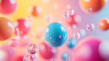 Colorful, abstract image of many small spheres of different colors. The spheres are floating in the air, creating a sense of movement and energy. Scene is vibrant and dynamic, with the colors photo