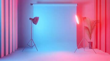 Studio with a blue backdrop and two lights. The studio is empty photo