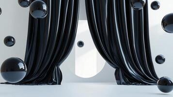 Room with black curtains and a white wall. The curtains are drawn open, revealing a white circle in the middle of the room. The room is filled with black and white spheres, creating a sense of depth photo