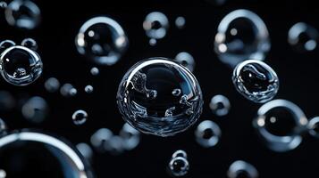 Close up of many small bubbles of water. The bubbles are all different sizes and are scattered throughout the image. Scene is calm and peaceful, as the bubbles float gently in the air photo