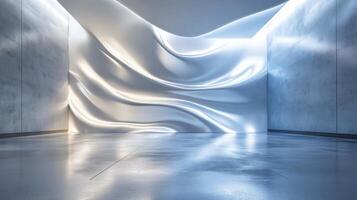 Large white wall with a wave pattern. The wall is made of concrete and has a shiny, reflective surface. The room is empty and has a modern, minimalist feel photo