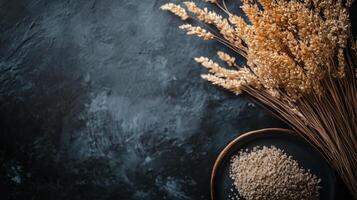Bowl of rice is on a black background. The rice is in a bowl and is surrounded by a bunch of wheat photo