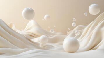 White background with a variety of white spheres scattered throughout the scene. The spheres are of different sizes and are positioned in various directions, creating a sense of movement and energy photo