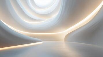 Large, empty room with a white ceiling and white walls. The room is lit by a series of lights, creating a bright and open atmosphere. The space is designed to be both functional photo
