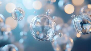 Series of bubbles floating in the air, each one reflecting the light in a different way. The bubbles are all different sizes and shapes, creating a sense of movement and energy photo