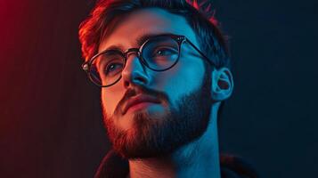 Man with glasses and a beard is looking at the camera. The image has a moody and mysterious feel to it photo