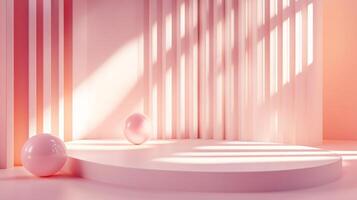 Pink room with a white pedestal and two pink balls on it. The room is lit by a sunbeam, creating a warm and inviting atmosphere photo