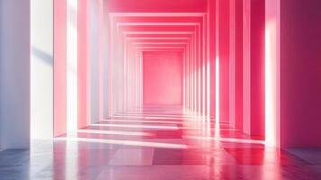 Long hallway with pink walls and white pillars. The hallway is lit by a bright light, creating a warm and inviting atmosphere. The pink and white color scheme gives the space a sense of elegance photo