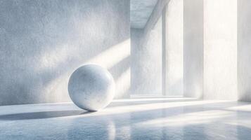 White ball is sitting on a floor in a room with white walls. The ball is the only object in the room, and it is the only thing that is not white. The room is very empty and has a very cold photo