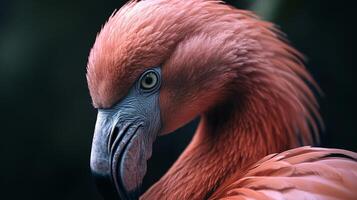 Flamingo with a pink head and orange feathers. The bird is looking directly at the camera photo