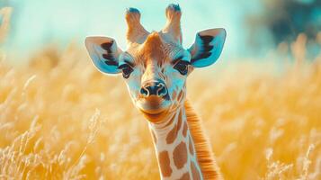 Giraffe is standing in tall grass with its head turned to the side. The giraffe is looking at the camera and he is curious photo