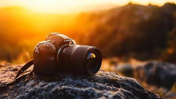 Camera is sitting on a rock with the sun shining on it. The camera is black and silver and has a strap around it photo