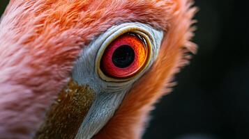 Close up of a flamingo's eye with a red iris. The eye is surrounded by pink feathers, giving the impression of a fiery, passionate bird photo