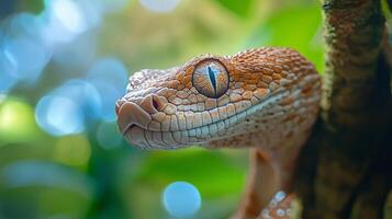 Snake with a yellow eye is on a tree branch. The snake is brown and has a long body photo