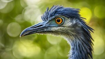 Bird with a blue head and yellow eyes. The bird is looking at the camera. The background is green photo
