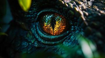Close up of a dragon eye with a green background. The eye is surrounded by a blue and green color scheme photo