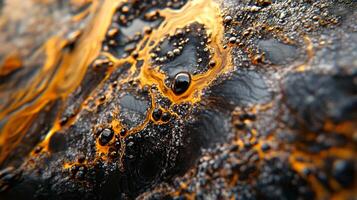 Painting of a black and orange liquid with many bubbles. The bubbles are scattered throughout the painting, creating a sense of movement and energy. The painting evokes a feeling of chaos photo