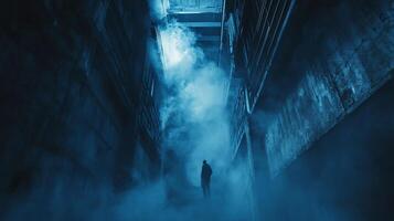 Man is walking through a dark, smoke-filled tunnel. The tunnel is blue and the smoke is thick, creating a sense of claustrophobia and unease photo