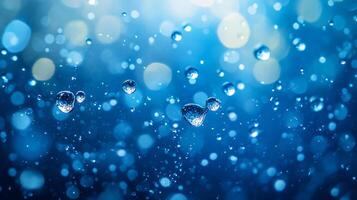 The image is of a blue sky with many small water droplets scattered throughout. Scene is calm and serene, as the water droplets seem to be suspended in mid-air, creating a sense of stillness photo