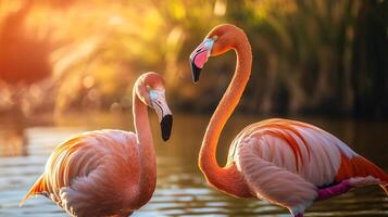Two flamingos are standing in the water, one on the left and one on the right. The scene is peaceful and serene, with the birds enjoying the calm waters photo