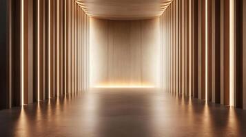 Long, narrow hallway with a light shining down on it. The light casts shadows on the walls, creating a sense of depth and dimension. The hallway is empty, giving it a sense of emptiness and solitude photo