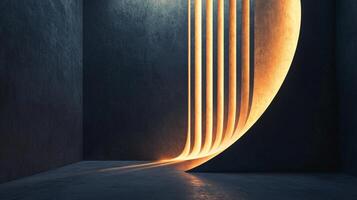 Dark room with a curved wall and a light shining on it. The light casts shadows on the wall, creating a sense of depth and dimension. The room appears to be empty and quiet photo