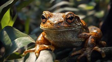Frog is sitting on a leafy branch. The frog is brown and has a smile on its face photo