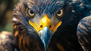 Close up of a bird's face with a yellow beak. The bird has a fierce look on its face photo