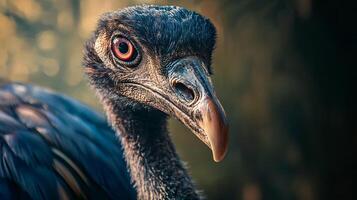 Black bird with a red eye stares at the camera. The bird's head is tilted to the side, and its beak is pointed forward. The image has a dark and moody atmosphere, with the bird's intense gaze photo