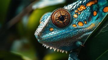 Colorful lizard with a blue and orange face is sitting on a leaf. The lizard has a unique pattern on its face and is surrounded by green leaves photo