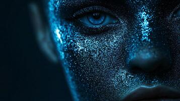 Woman's face is covered in glitter, giving it a futuristic and otherworldly appearance. The blue color of the glitter adds to the overall mood of the image, creating a sense of mystery and intrigue photo