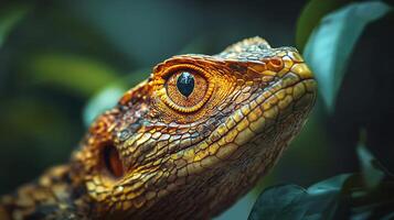 Close up of a lizard's face with a green leaf in the background. The lizard has a yellow and brown color pattern photo