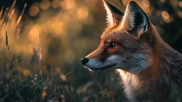 Fox is standing in a field of grass. The fox is looking at the camera with its mouth open photo