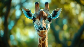 Giraffe is staring at the camera with its head tilted. The giraffe is in a forest with trees and leaves photo