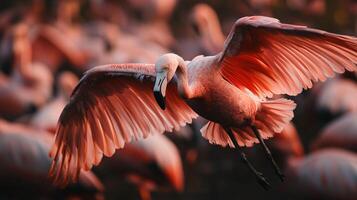 Pink flamingo is flying in the air with its wings spread out. The image captures a moment of freedom and grace as the bird soars through the sky photo