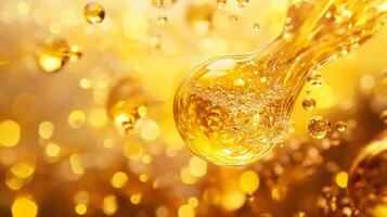 Yellow liquid with bubbles in it. The bubbles are small and scattered throughout the liquid. The liquid appears to be oil or some type of oil-based product photo