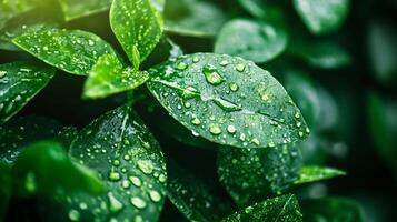Lush green plant with droplets of water on its leaves. The droplets are small and scattered, giving the plant a fresh and vibrant appearance. Scene is one of tranquility and natural beauty photo