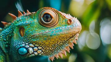 Green lizard with a yellow stripe on its face. The lizard is looking at the camera. The image has a bright and lively mood photo