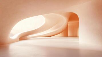 Large, empty room with a curved wall and a curved staircase. The room is mostly white, with a few orange accents. The atmosphere is calm and serene, with the curved wall photo