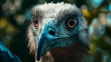 Bird with a blue beak and red eyes. The bird is looking at the camera. The image has a moody and mysterious feel to it photo