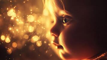 Child's face is shown with a lot of light shining on it. The child's eyes are open and staring at the camera. The image has a dreamy, ethereal quality to it photo