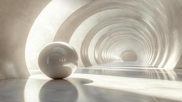 White sphere is placed in the middle of a long, narrow room. The room is empty and features a white ceiling. The sphere is the only object in the room, and it is floating in midair photo
